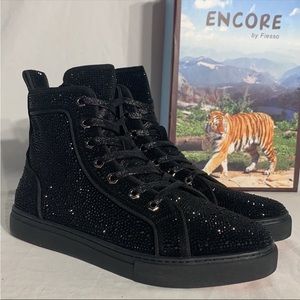 Encore by Fiesso Black Rhinestone Red Bottom High Top Shoes Mens